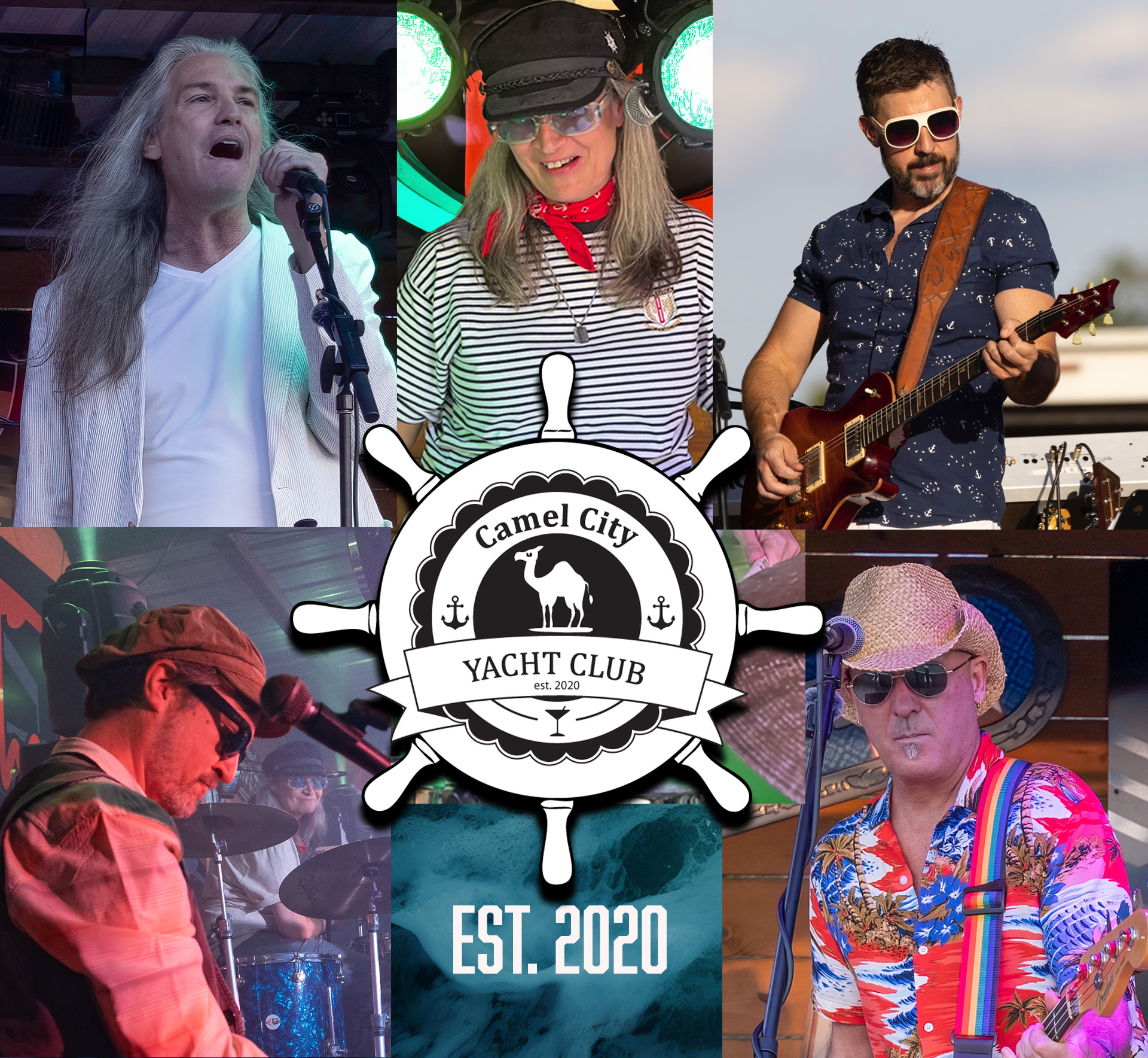 a collage of five band members with yacht steering wheel in the middle